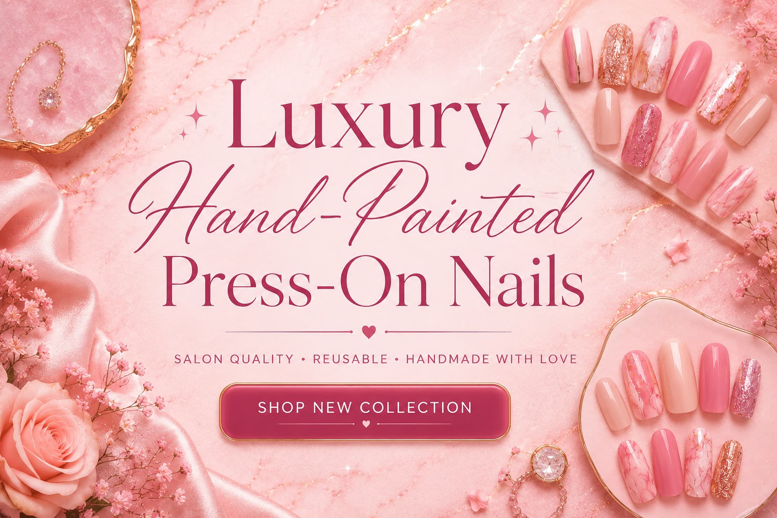 Promotional graphic for a collection of luxury hand-painted press-on nails. The nails are shown in various shades of pink, including solid pink, glittery rose gold, and pastel nude tones, arranged on decorative trays with pink satin, flowers, and jewelry on a pink marble background.