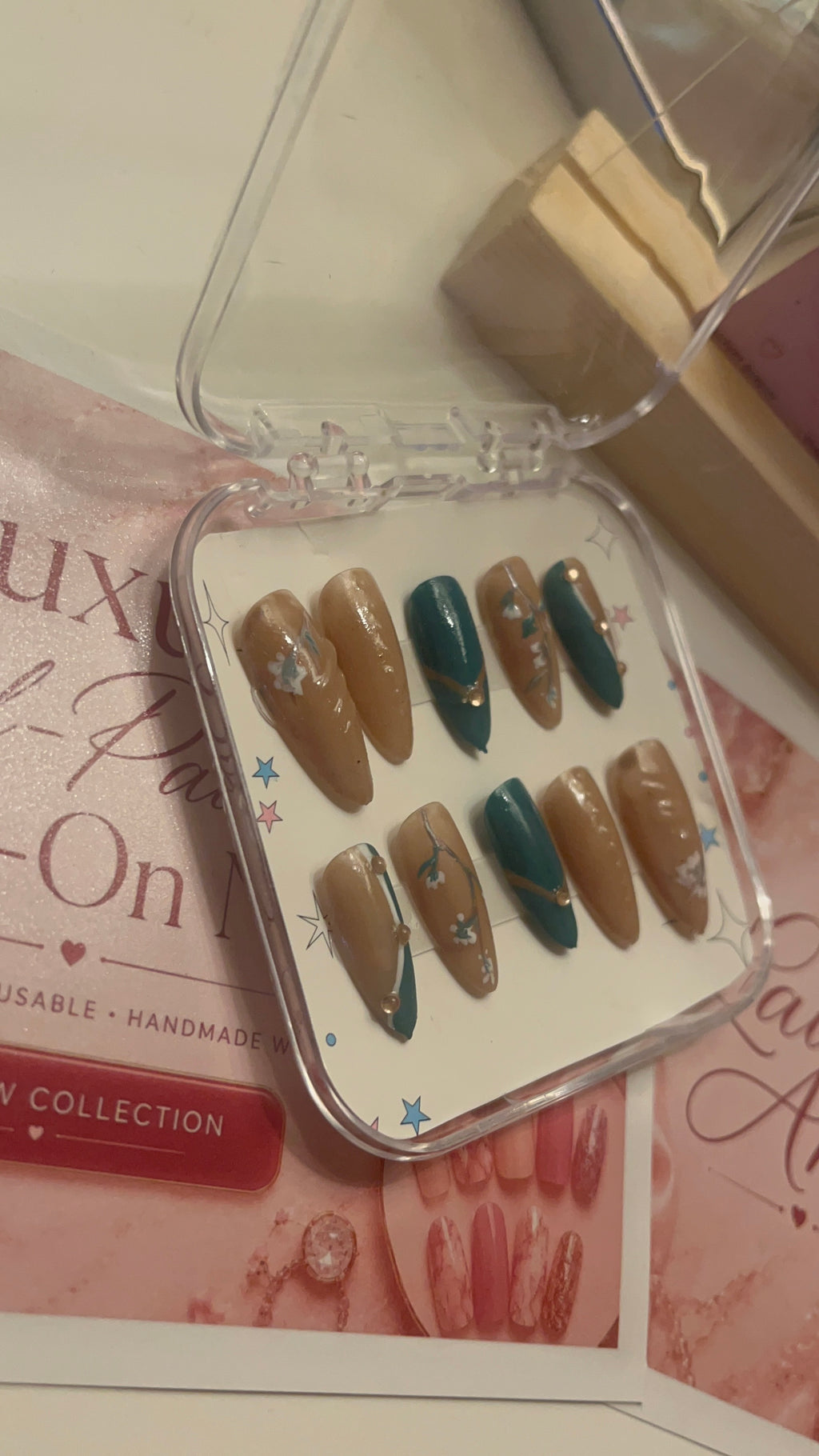 Nude & Teal Floral French | Luxury Hand-Painted French Press-On Nails