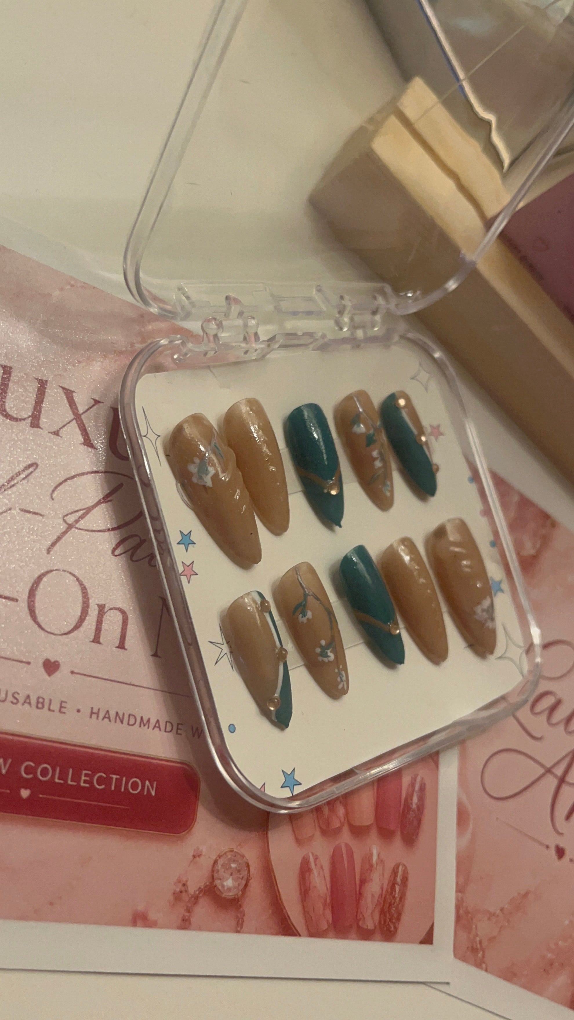Nude & Teal Floral French | Luxury Hand-Painted French Press-On Nails