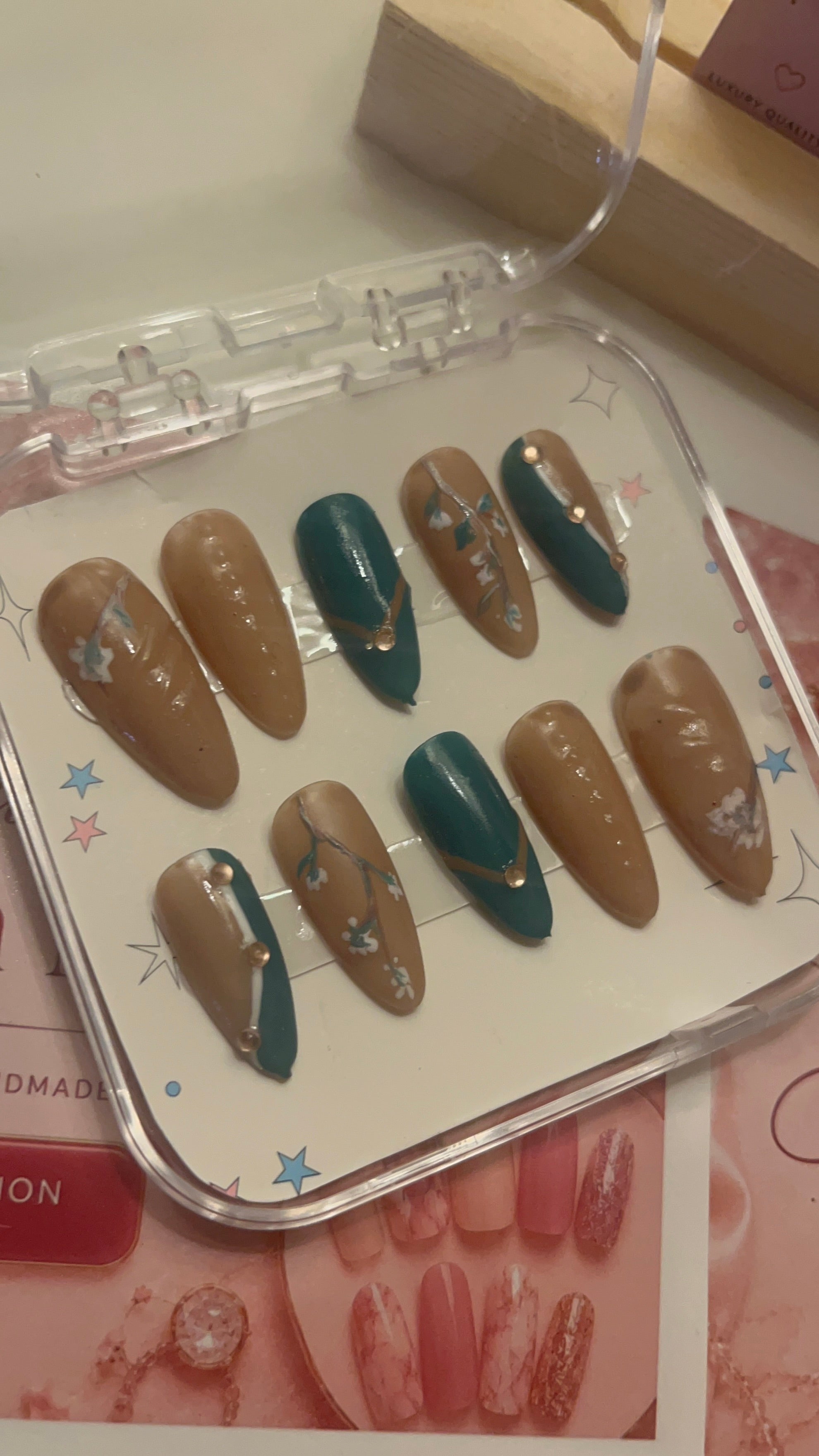 Nude & Teal Floral French | Luxury Hand-Painted French Press-On Nails