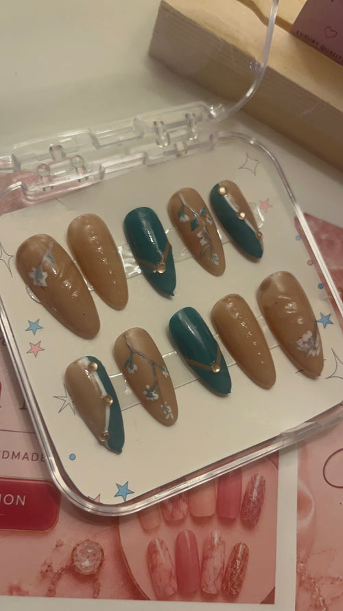Nude & Teal Floral French | Luxury Hand-Painted French Press-On Nails