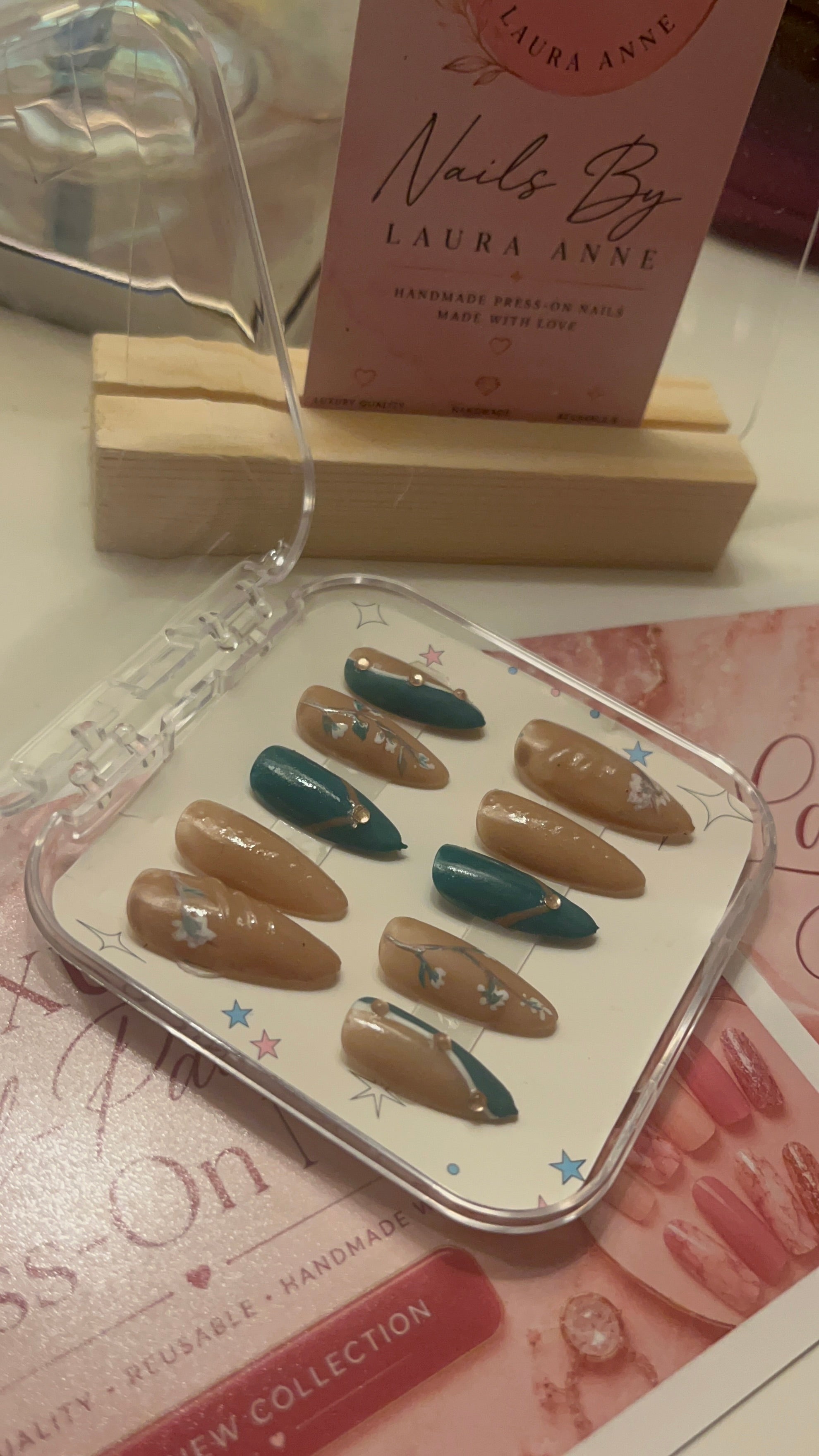 Nude & Teal Floral French | Luxury Hand-Painted French Press-On Nails