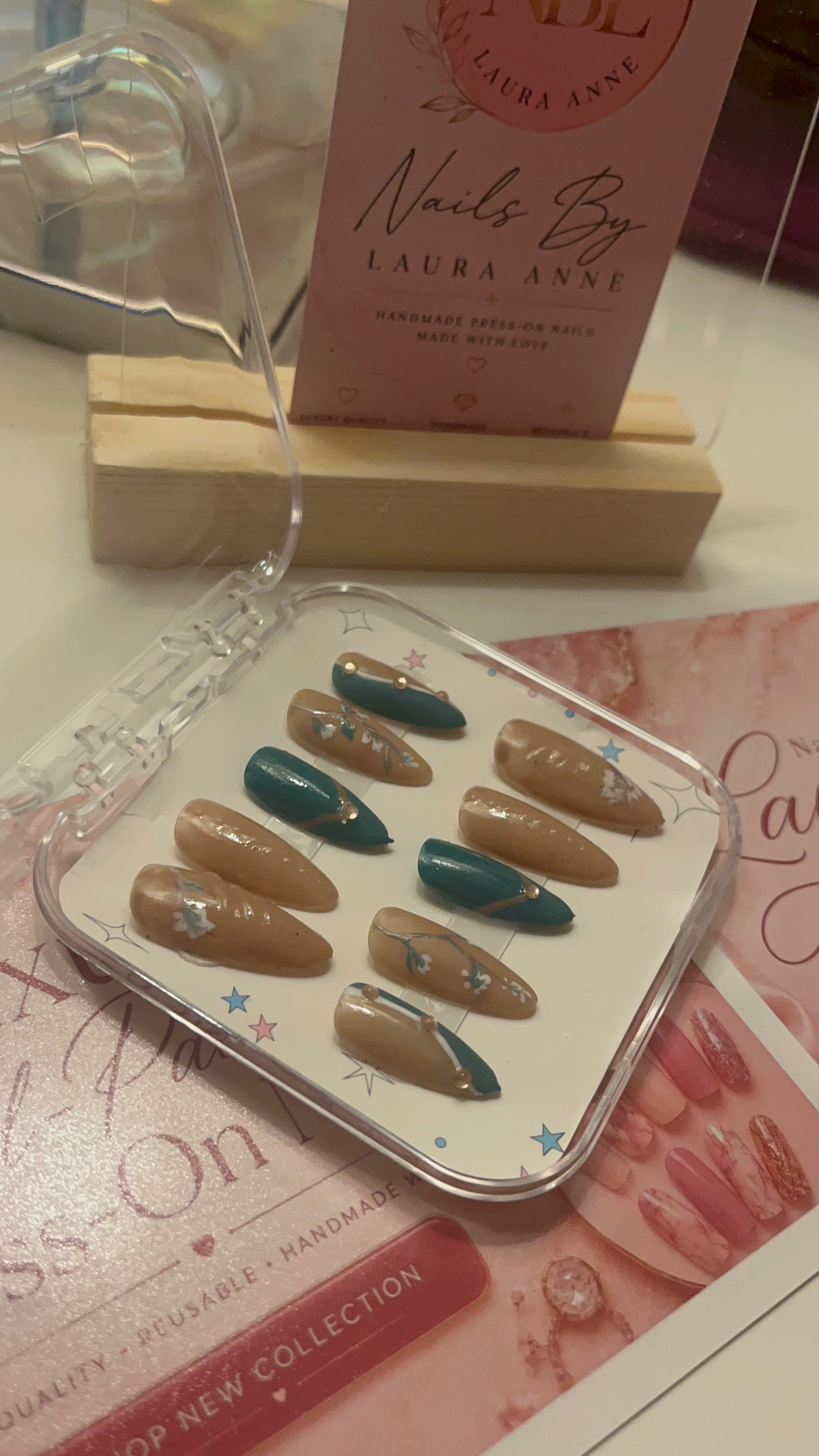 Nude & Teal Floral French | Luxury Hand-Painted French Press-On Nails