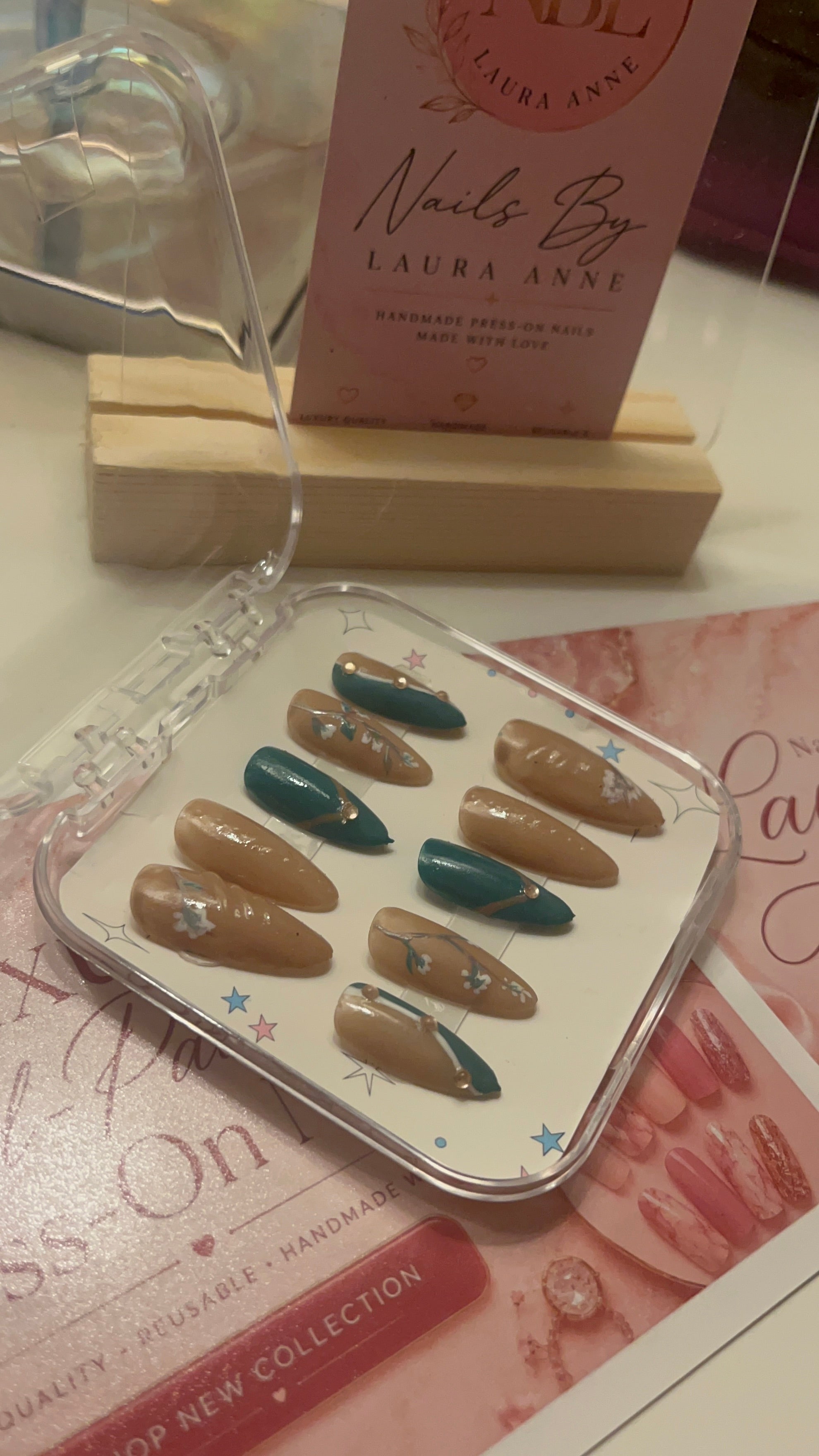 Nude & Teal Floral French | Luxury Hand-Painted French Press-On Nails