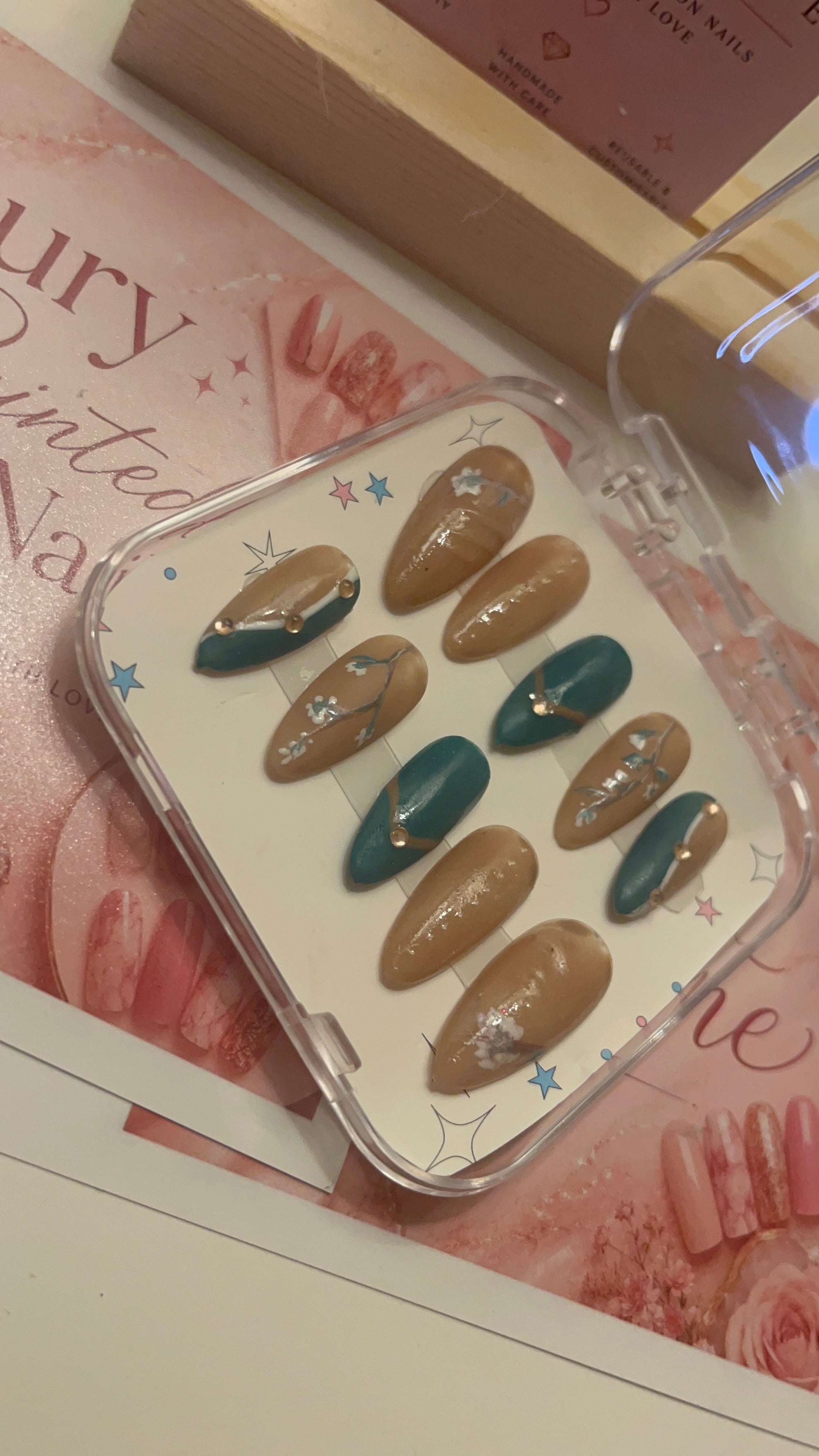 Nude & Teal Floral French | Luxury Hand-Painted French Press-On Nails