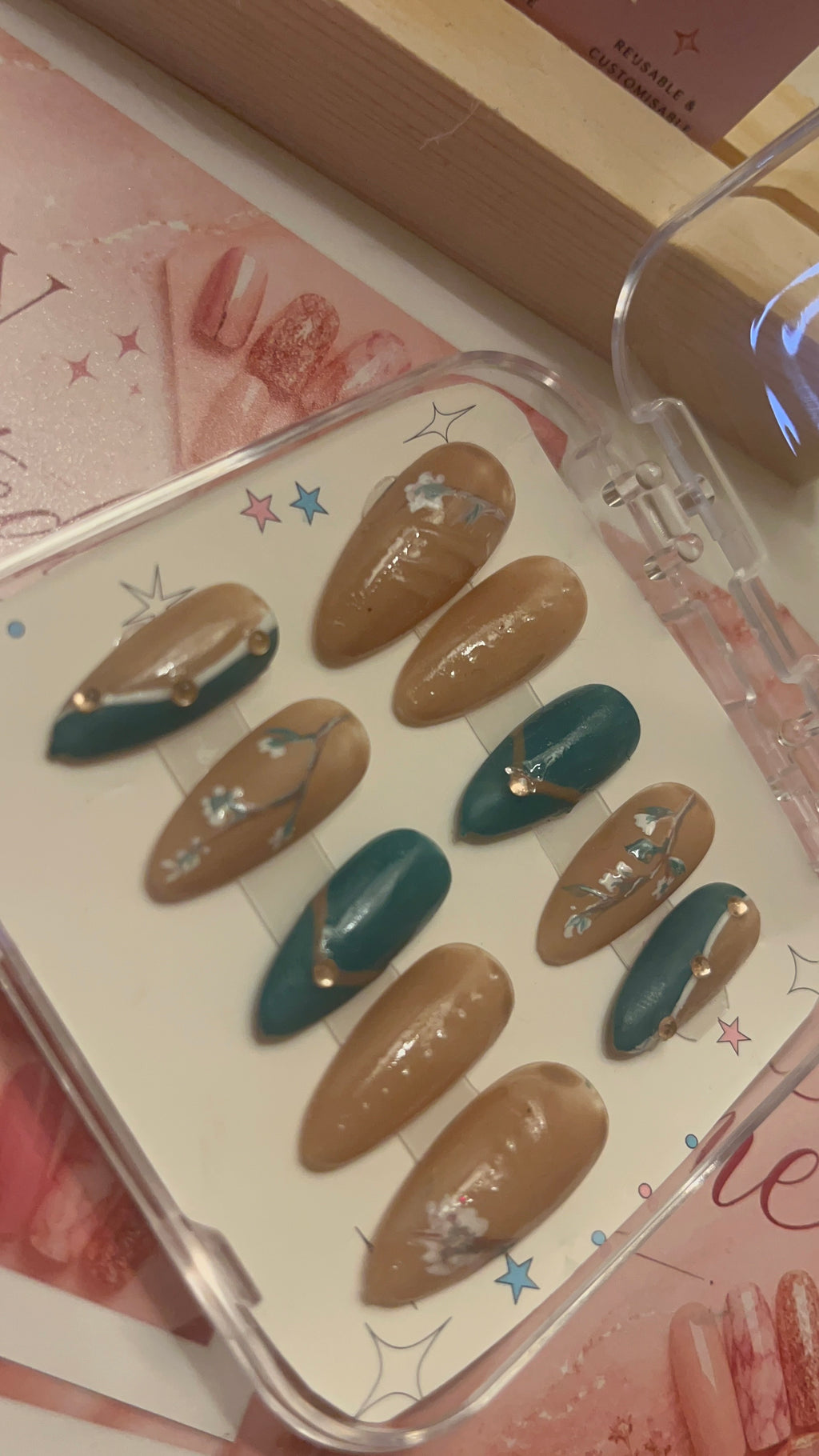 Nude & Teal Floral French | Luxury Hand-Painted French Press-On Nails