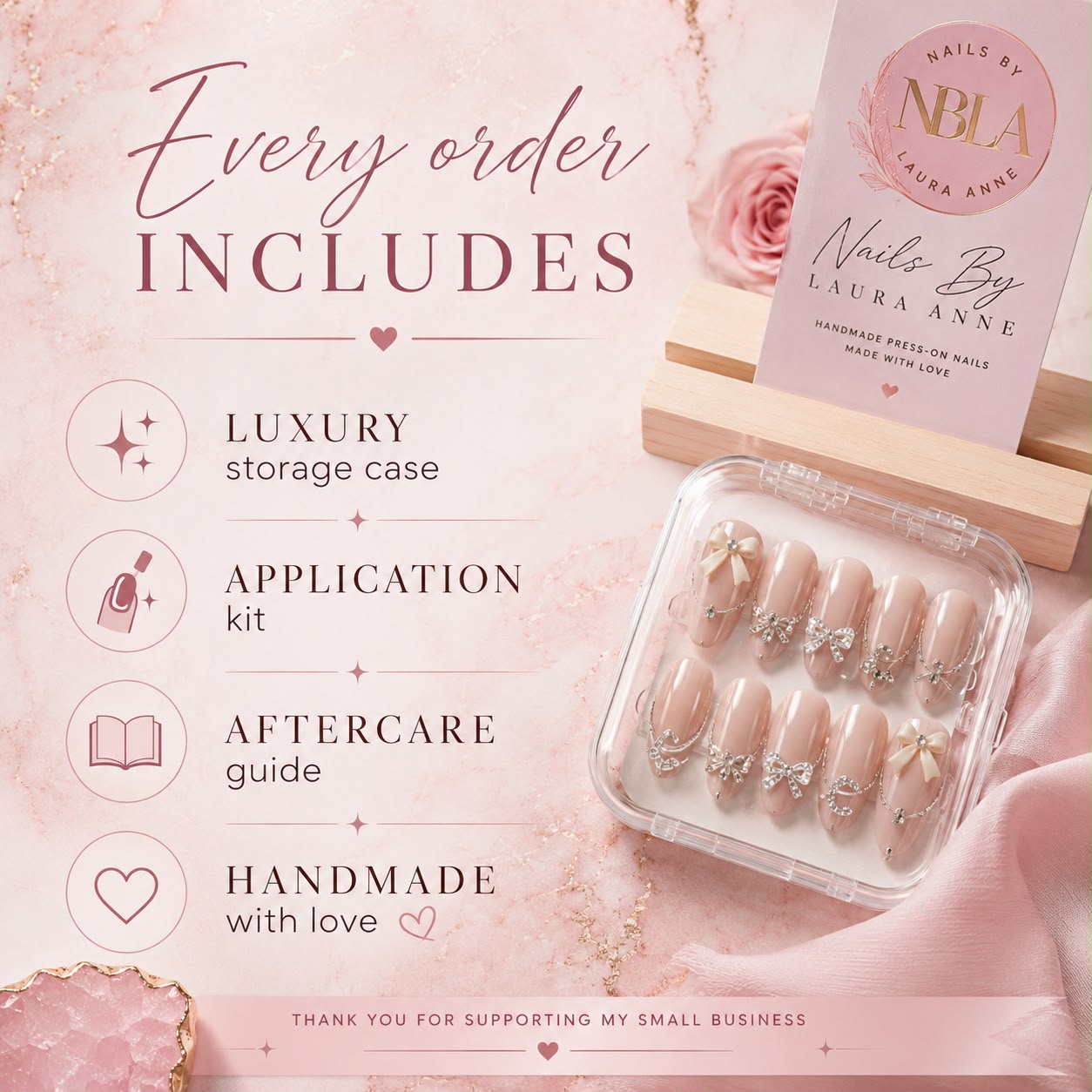 A promotional graphic for a nail set package, showing a clear plastic case with nude beige press-on nails decorated with rhinestones and bow details, alongside branded packaging and text listing included accessories: luxury storage case, application kit, aftercare guide, and handmade with love.