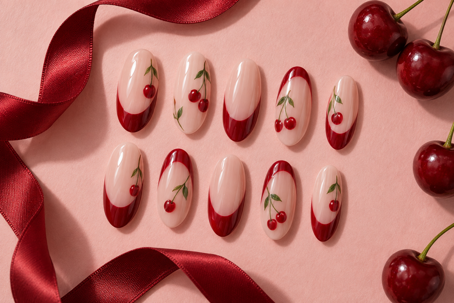 Design inspiration: cherry-red French tips and hand-painted cherries on blush press-on nails